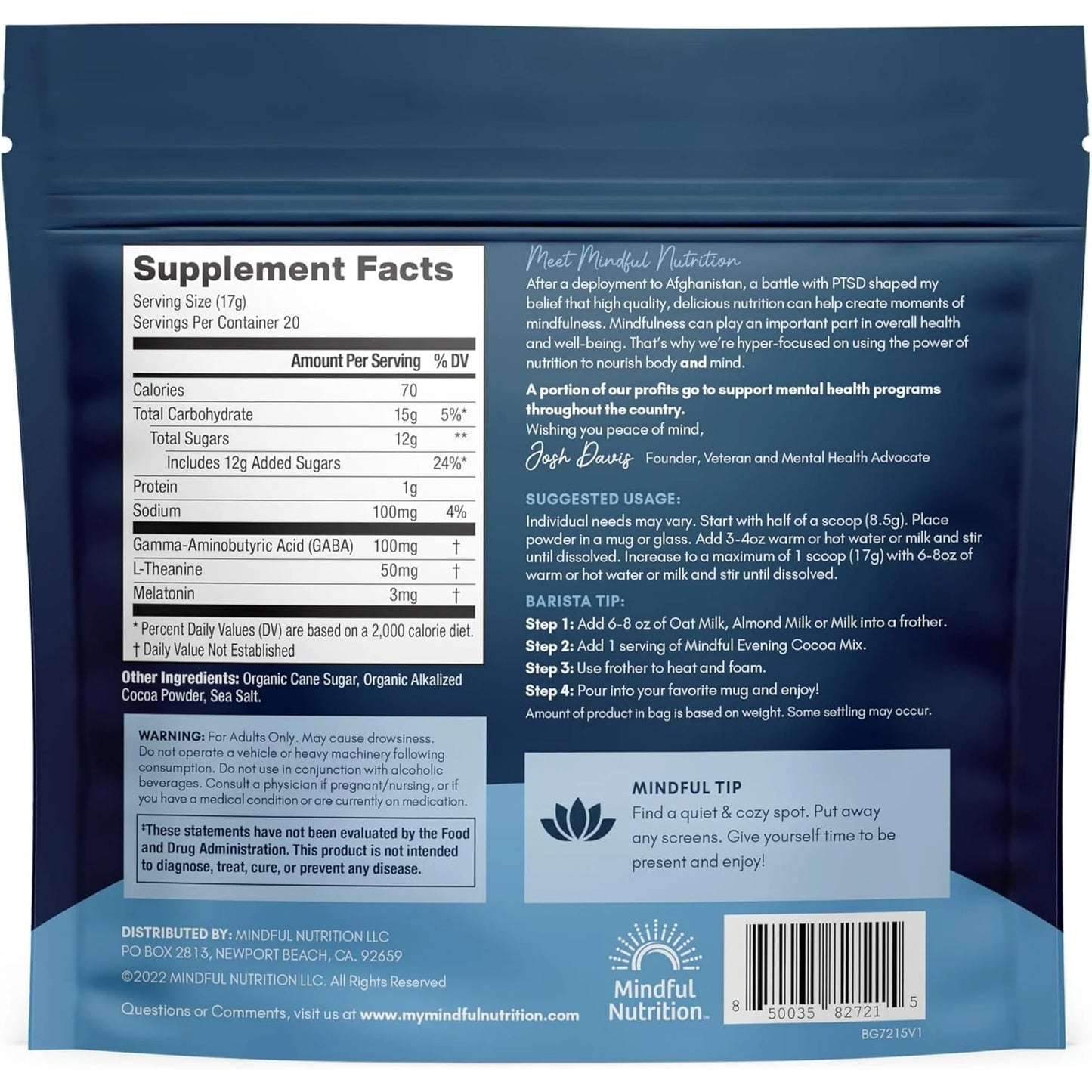 Mindful Evening Cocoa Mix Natural Sleep Aid, Melatonin 3Mg, L-Theanine, GABA Supplements