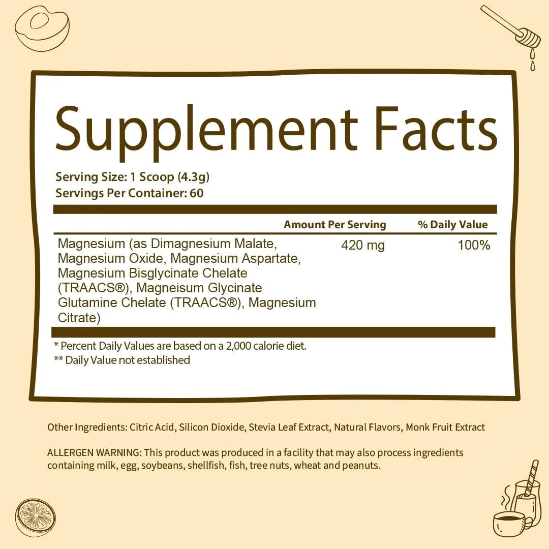Magnesium Complex Powder Glycinate & Citrate for Sleep, Stress and Digestion, Honey Citrus, 60 Servings