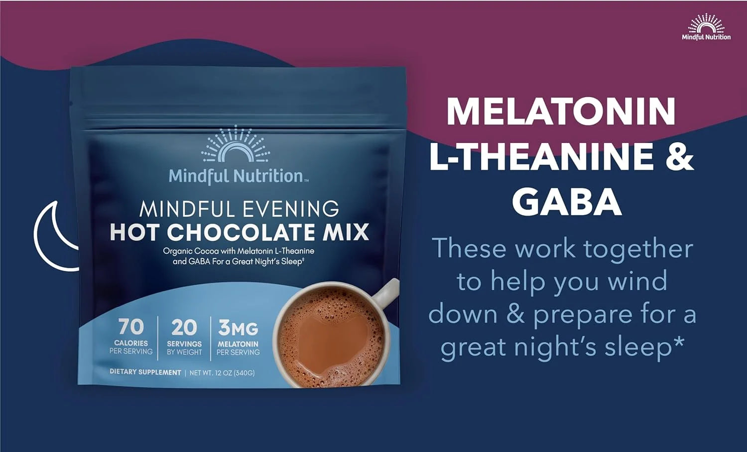 Mindful Evening Cocoa Mix Natural Sleep Aid, Melatonin 3Mg, L-Theanine, GABA Supplements
