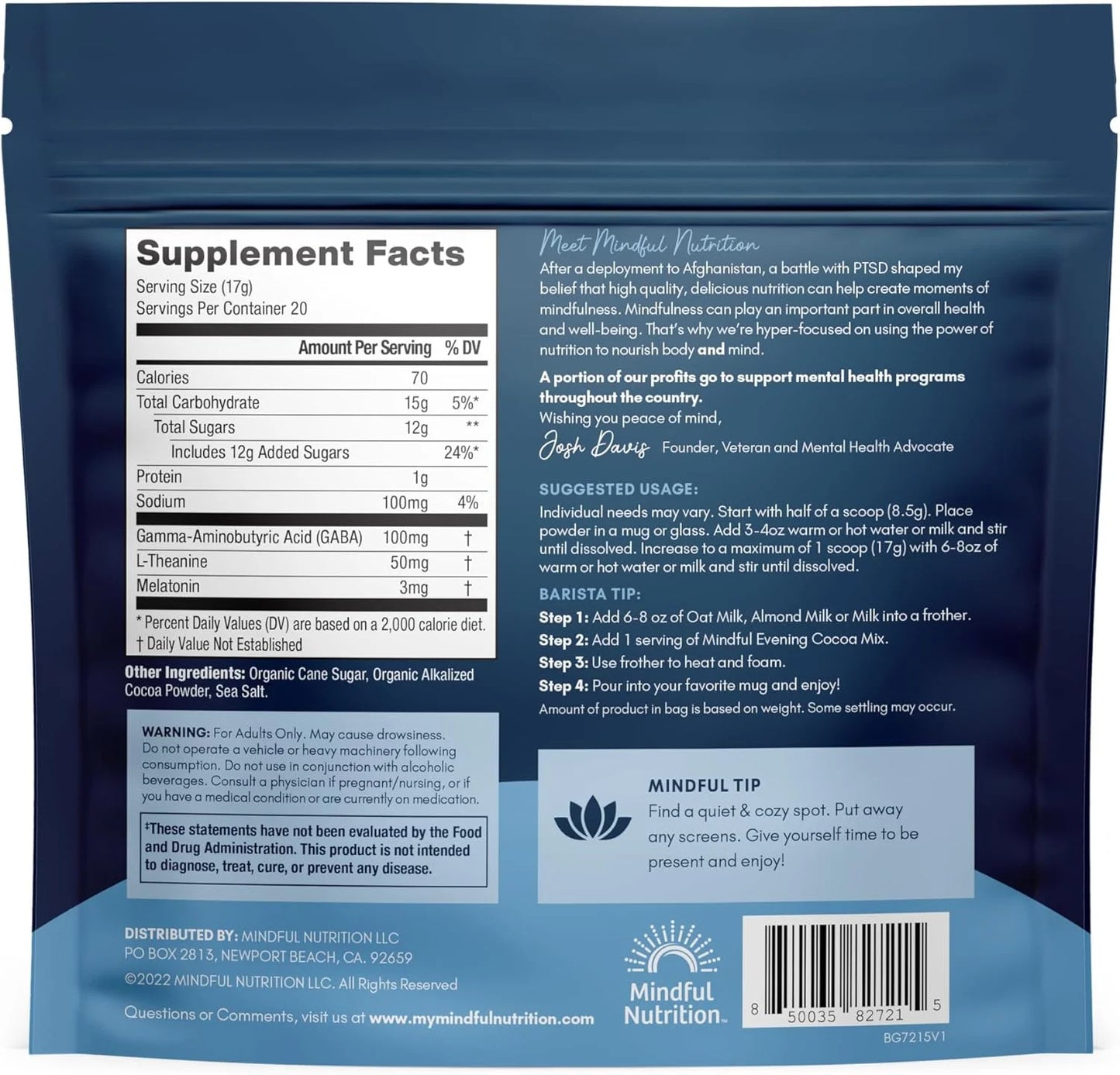 Mindful Evening Cocoa Mix Natural Sleep Aid, Melatonin 3Mg, L-Theanine, GABA Supplements